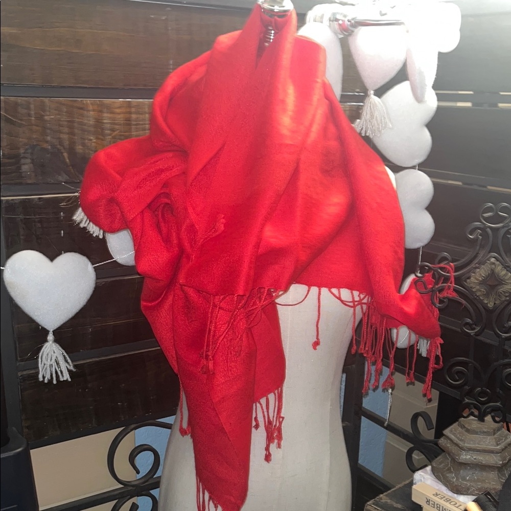 pashmina Bright Red Fringe Shawl Wrap S146